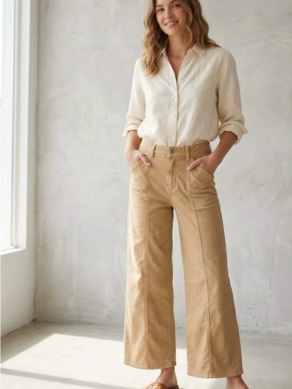 Maeve by Anthropologie Wide Leg Crop Seamed Pants Khaki Tan Size 29